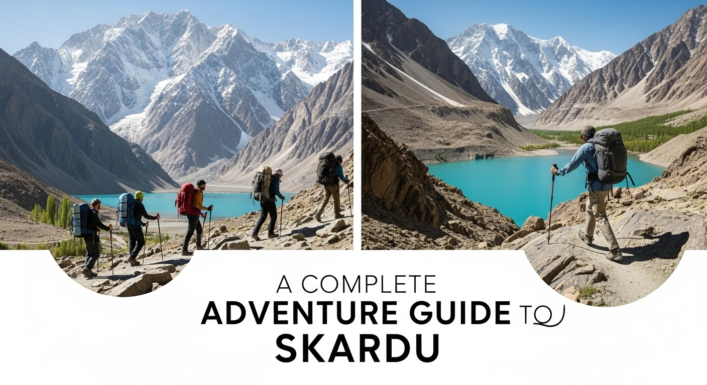 Adventure tours in Skardu with trekkers hiking towards K2 Base Camp near Baltoro Glacier, showcasing the breathtaking Karakoram mountains.