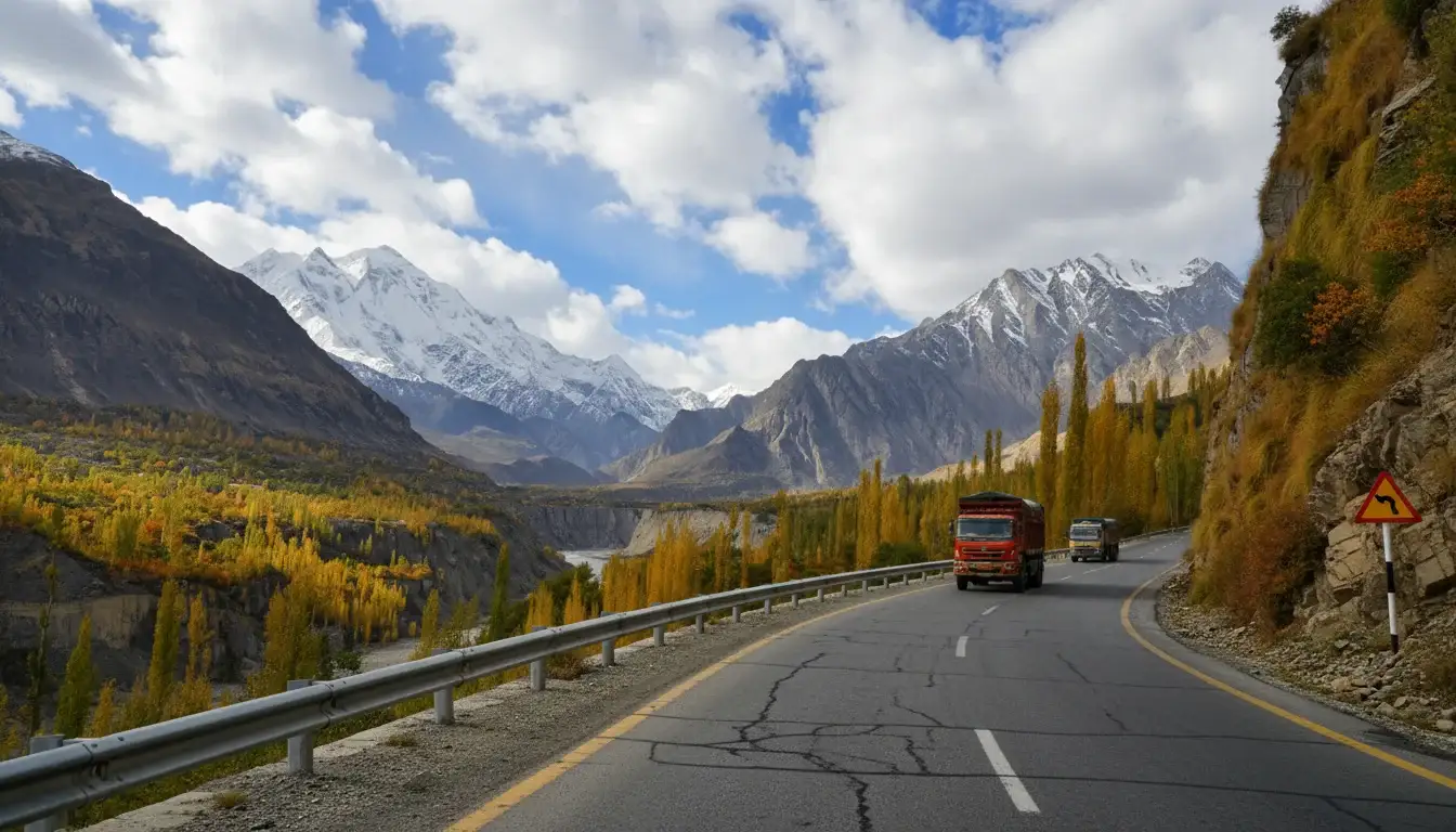 Karakoram Highway mountain road with vehicle