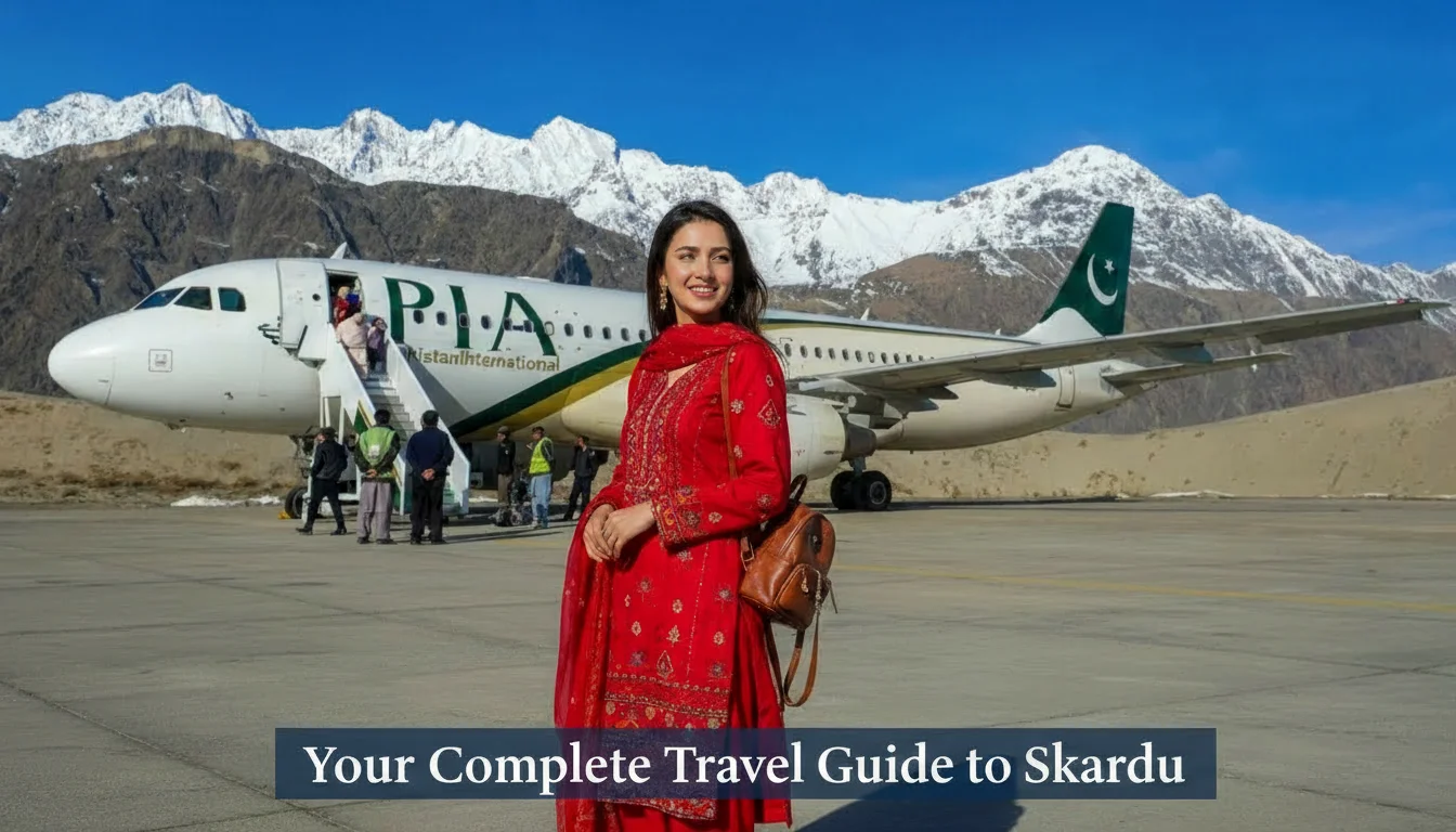 A breathtaking view of Skardu valley with turquoise lakes, snow-capped mountains, and green landscapes, representing the ultimate travel guide to Pakistan's mountain paradise.